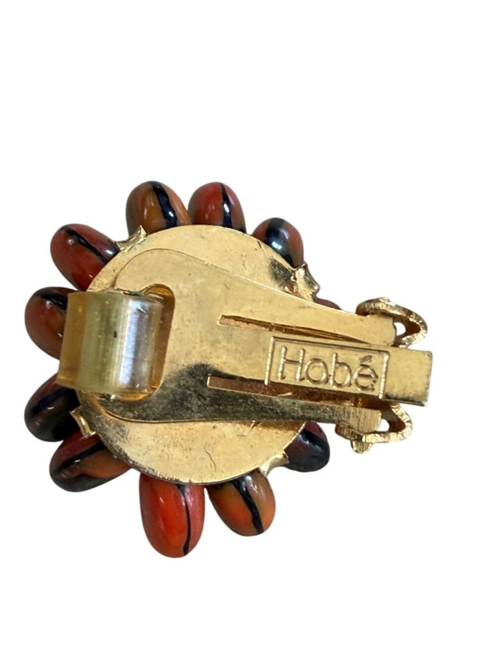 Vintage HOBE Signed Autumn Orange Black Art Glass Bead Cluster Clip Earrings - Picture 4 of 6